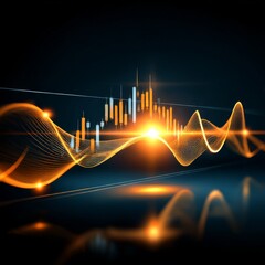 Poster - Financial Data Analysis: Glowing Candlestick Chart with Oscillating Line on Dark Background Visualized