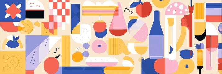 Aufkleber - Colorful Abstract Picnic Illustration Featuring a Variety of Food Items and Drinks Surrounded by Vibrant Shapes and Patterns Generative AI