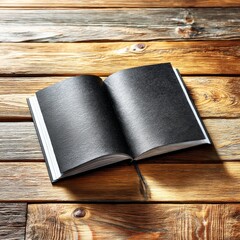 Poster - Open Black Notebook on Rustic Wooden Table, Ready for Inspiration and Creative Journaling.