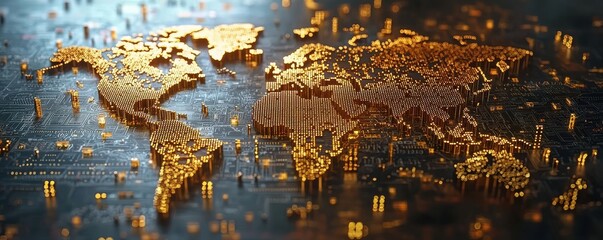 Poster - Golden world map with glowing circuits and digital connectivity