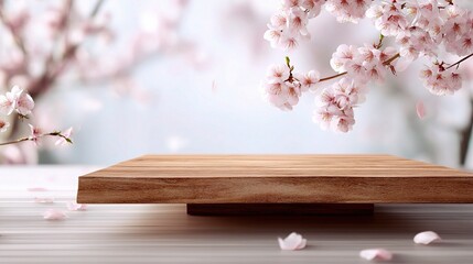 Poster - elevated minimalist wooden platform surrounded by soft focus blossoms