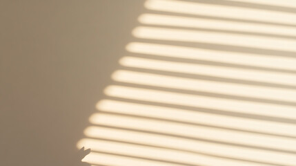 Poster - Sunlight casts striped shadows from window blinds on a neutral wall, creating an abstract pattern with soft, warm light and linear textures.