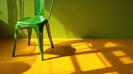 Poster - vibrant green metal chair casting dramatic shadows on yellow floor