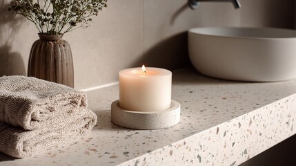 Poster - elegant minimalist terrazzo countertop with candle and towels