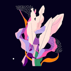Poster - Floral Abstract: An artistic botanical illustration with vibrant colors, and an abstract interpretation of leaves and blooms on a dark backdrop.