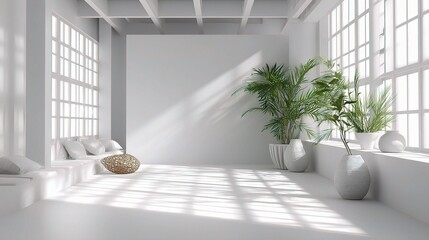 Poster - bright white 3d studio space with soft natural light and greenery