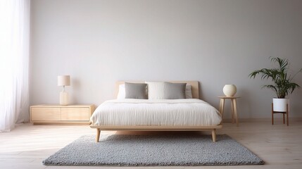 Poster - bright minimalist bedroom with light wood and white linen decor