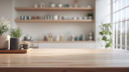 Poster - scandinavian minimalist kitchen with wooden elements and plants