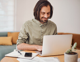 Aufkleber - Creative, laptop and smile with web developer man in office of small business for design. Notebook, phone and typing with happy employee at desk in workplace as online illustrator or publisher