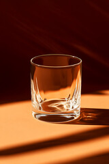 Aufkleber - Empty glass tumbler casting shadows against an orange background. Minimalist, modern drinkware for beverages.