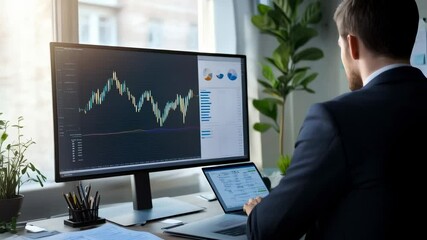 Aufkleber - Professional analyzing financial data across multiple screens, tracking market trends with concentrated effort in sleek workspace environment