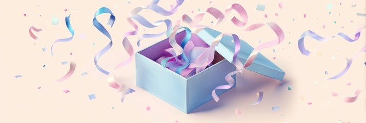 Poster - Floating Ribbons and Pastel Gift Box Depict Celebration and Surprise in a Cheerful Atmosphere Generative AI