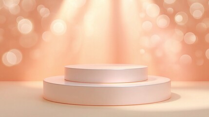 Poster - round podium in a peach background with soft lighting effects