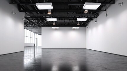 Poster - large empty room with black polished floor and bright lighting