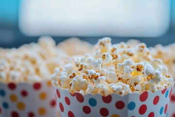 Poster - Enjoy a classic movie treat with popcorn in colorful polka dot containers, perfect for a cozy night in. A delicious and nostalgic snack.