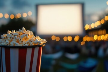 Poster - Outdoor Cinema: Freshly popped popcorn ready for a movie night under the stars, glowing lights enhancing the experience.