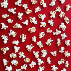 Poster - Popcorn scattered across a vibrant red surface, creating a dynamic and appetizing display, inviting snacking and indulgence.