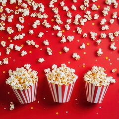 Aufkleber - Festive popcorn display on bright red background, perfect for movie night or celebration with striped buckets and confetti.