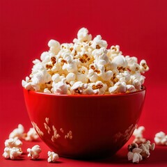 Poster - Bowl overflowing with fluffy popcorn against a bold red background, evokes a feeling of relaxation and entertainment. Delicious snack.