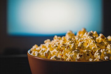 Poster - Bowl full of popcorn, ready for the movie night, the screen is on the back, and the atmosphere is cozy and warm. Enjoy a good film!