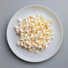 Poster - A heap of popcorn on a white plate, photographed from a top-down perspective against a gray background. A classic, simple snack.