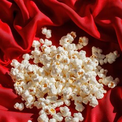 Aufkleber - Popcorn delight: A pile of fluffy popcorn rests on a vibrant red silk cloth, creating a simple yet visually appealing scene.