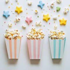 Poster - Colorful striped containers overflow with popcorn surrounded by candy stars. Festive snack presentation on a white background. Ready for a movie!