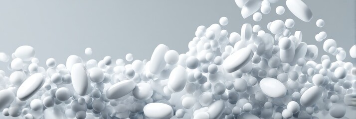 Poster - Dynamic Scattering of White Pills in Motion Against a Sterile Background Captured in a Minimalistic Setting Generative AI