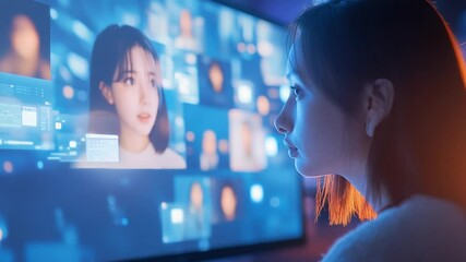 Poster - Woman Viewing Digital Interfaces: Futuristic Technology and Connectivity