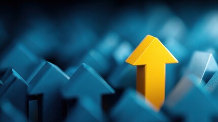 Poster - Bold Yellow Arrow Upward Among Blue Arrows in Dynamic Background