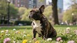 © sattaya - A charming French Bulldog sits comfortably in a sunny city park, surrounded by green grass and colorful small flowers, enjoying a peaceful moment outdoors.