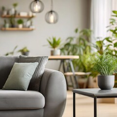 Poster - cozy living room with grey sofa and natural light accents