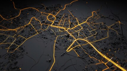 Poster - Abstract Dark Gray City Map with Illuminated Lines Over Background