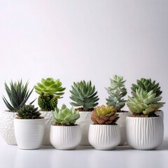 Poster - green succulent plants in white pots on clean white background