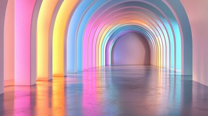Poster - A series of large, curved arches glow with vibrant colors, casting reflections on a polished floor in a contemporary indoor setting designed for visual art