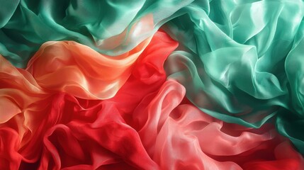 Poster - Waves of sheer fabric in red, green, and orange blend together, showcasing delicate textures and colors under soft natural light. The interplay of hues creates an inviting atmosphere