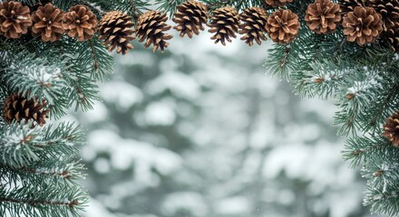 Poster - Pine cones and evergreen branches frame a blurred winter forest background scene in soft light