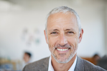 Poster - Office, happy and portrait of businessman with confidence for management, job and pride at work. Smile, person and mature manager at agency for administration career, ambition and positivity