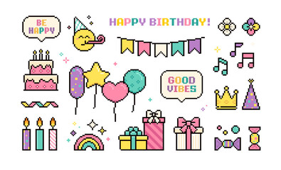 Poster - Pixel art Happy Birthday elements collection of present box, gifts, holiday cake, balloons. Birthday party icons on white background. Y2k trendy pixel holiday stickers. 8-bit game icons in vector
