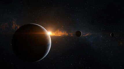 Wall Mural - planets and a bright orange star illuminate the dark expanse of space, showcasing a cosmic alignment