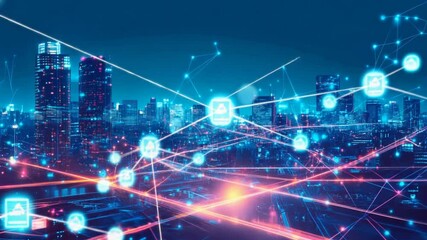 Poster - Smart City:  Night cityscape illuminated by technological network and digital icons