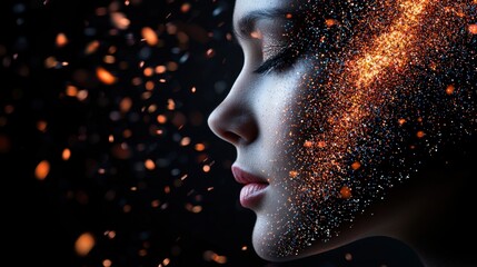 Poster - A woman's profile is elegantly highlighted by shimmering particles that create a captivating visual effect. The dark background enhances the luminous display, showcasing artistic expression
