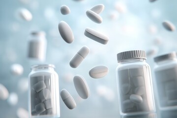 Poster - Floating White Pills and Bottles Against a Sterile Pharmacy Background Creating a Clean Medical Atmosphere for Healthcare Setting Generative AI