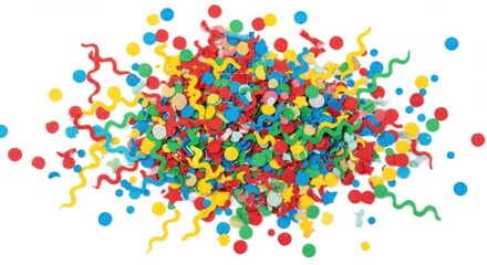 Poster - A colorful assortment of confetti and streamers scattered on a white surface in a studio shot