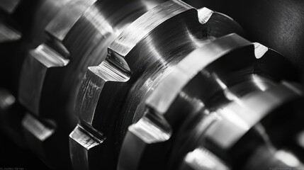 Poster - Intricate details of a machined metal part are highlighted under factory lighting. The component showcases smooth surfaces and precise grooves, reflecting the advanced engineering involved