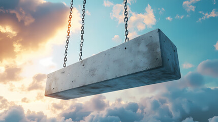 Wall Mural - a concrete block suspended by a metal chain against a cloudy sky during the daytime view from below.
