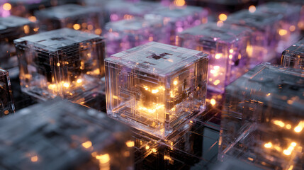 Fototapete - Abstract 3D Render Glowing Transparent Cubes with Internal Logic