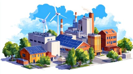 Poster - Modern industrial facility featuring wind turbines and solar panels amidst greenery