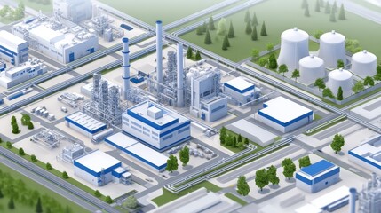 Poster - Aerial view of a modern industrial facility with smokestacks, storage tanks, and greenery