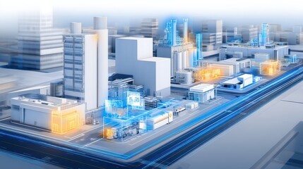 Poster - Futuristic cityscape with industrial buildings, vibrant digital overlays, and clear skies